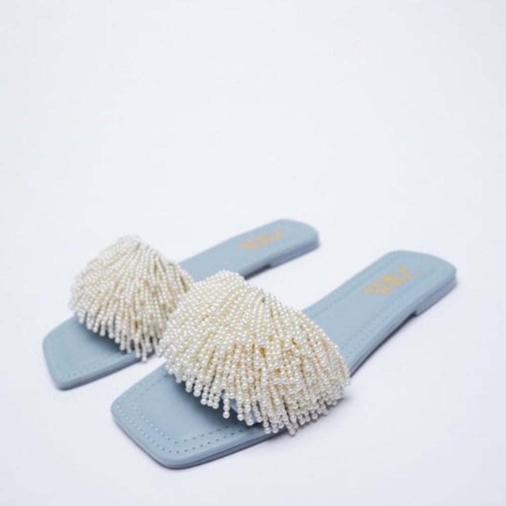 Zara Blue and Cream Beaded Slide Sandals